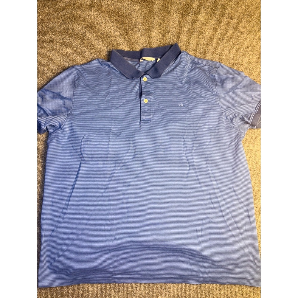 Calvin Klein Polo Shirt Men's XL Blue Striped Performance Short Sleeve Popover